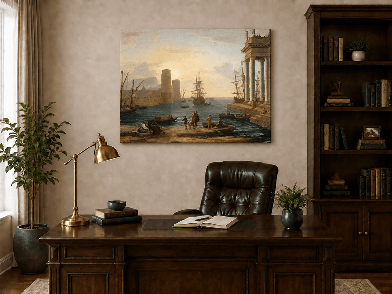 Landscape Oil Painting - Sunset Glow Classical Port & Fortified