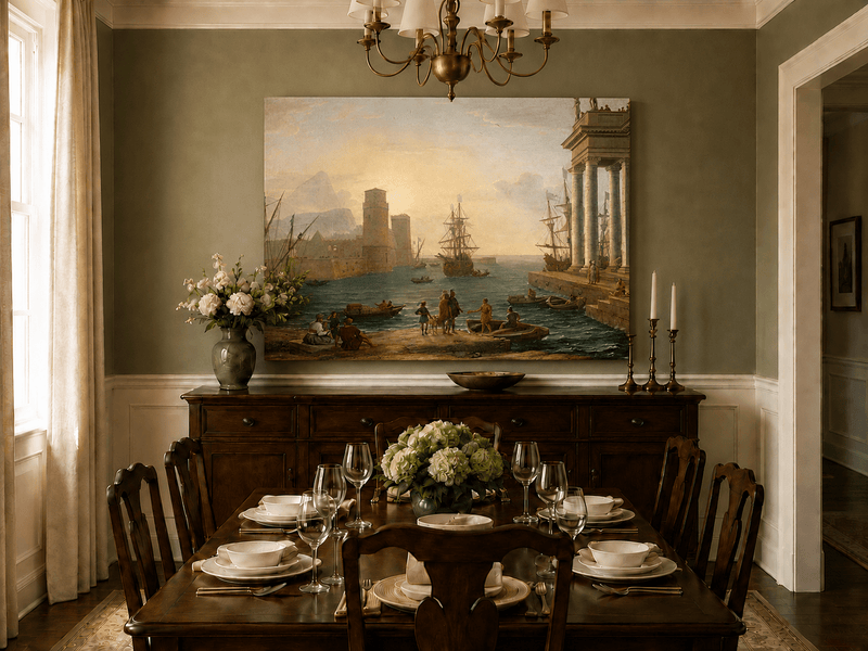 Landscape Oil Painting - Sunset Glow Classical Port & Fortified