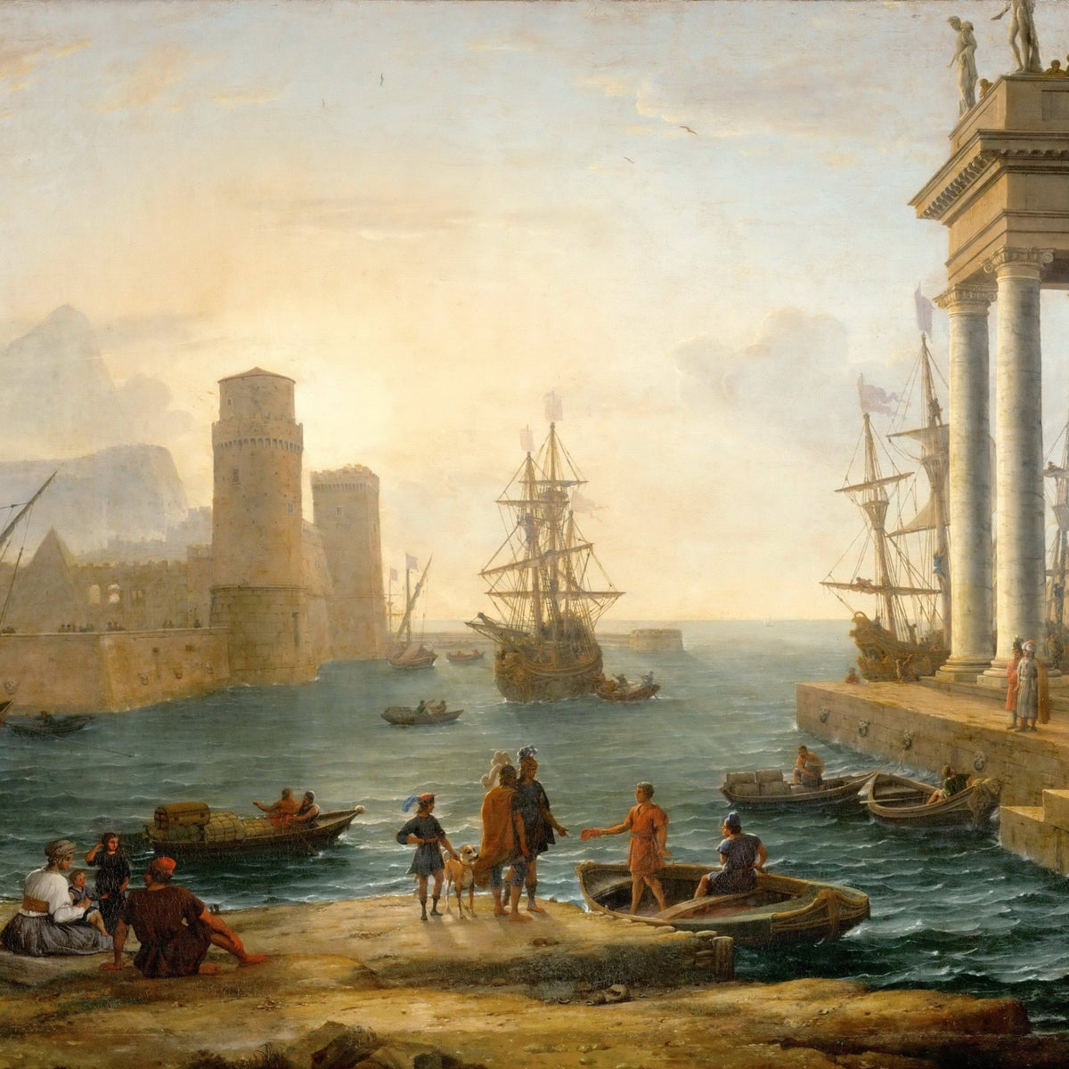 Landscape Oil Painting - Sunset glow classical port & fortified towers - Oil Painting Haven