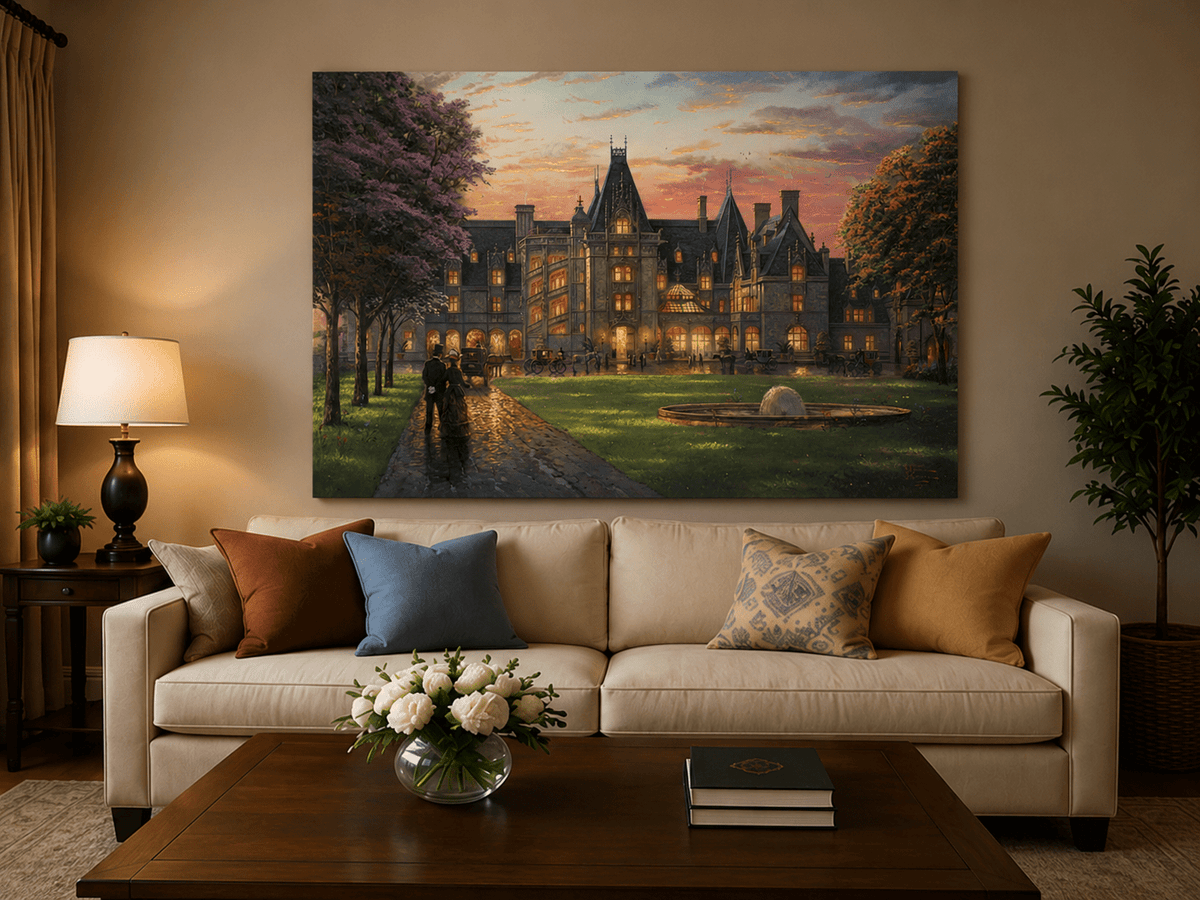 Landscape Oil Painting - Sunset Gothic Manor With Carriages