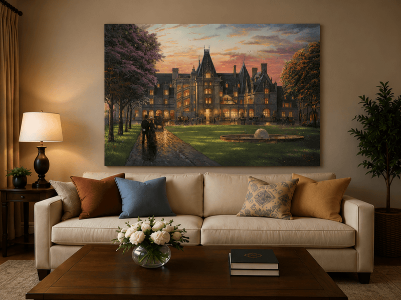 Landscape Oil Painting - Sunset Gothic Manor With Carriages