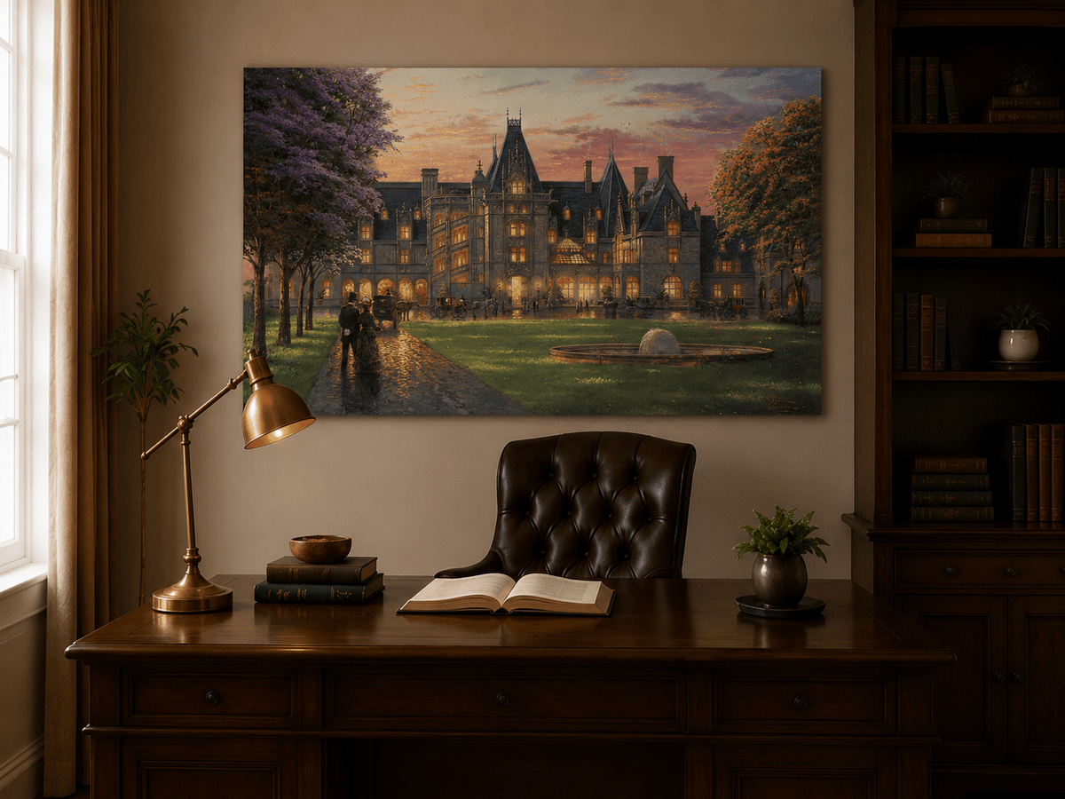 Landscape Oil Painting - Sunset Gothic Manor With Carriages