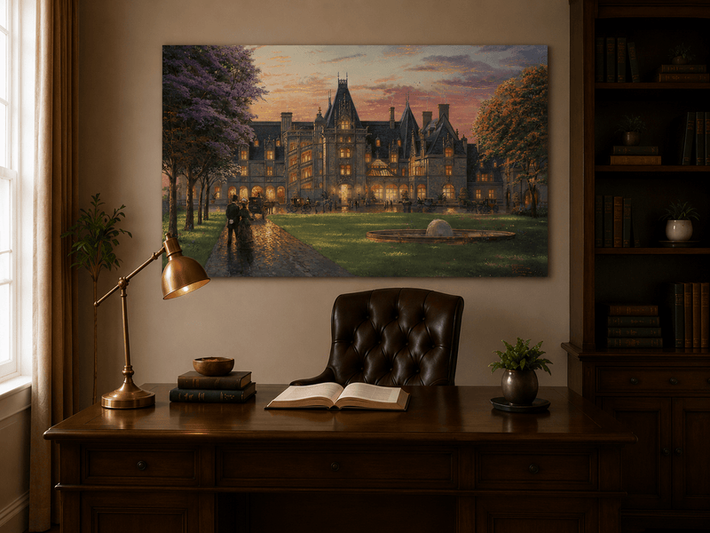Landscape Oil Painting - Sunset Gothic Manor With Carriages