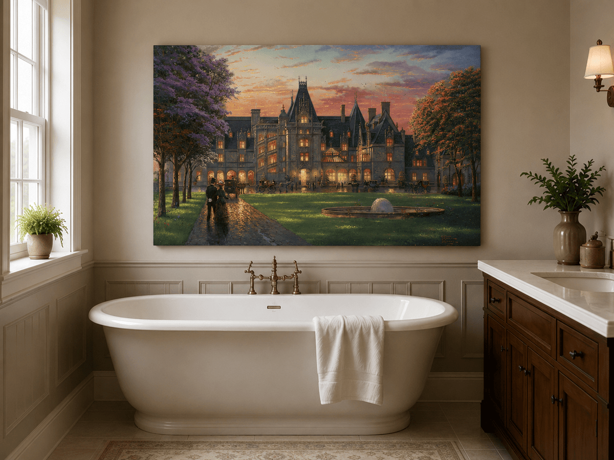 Landscape Oil Painting - Sunset Gothic Manor With Carriages