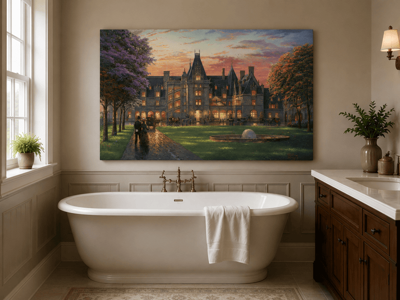 Landscape Oil Painting - Sunset Gothic Manor With Carriages