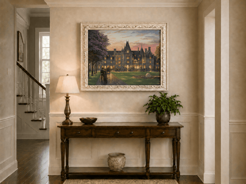 Landscape Oil Painting - Sunset Gothic Manor With Carriages