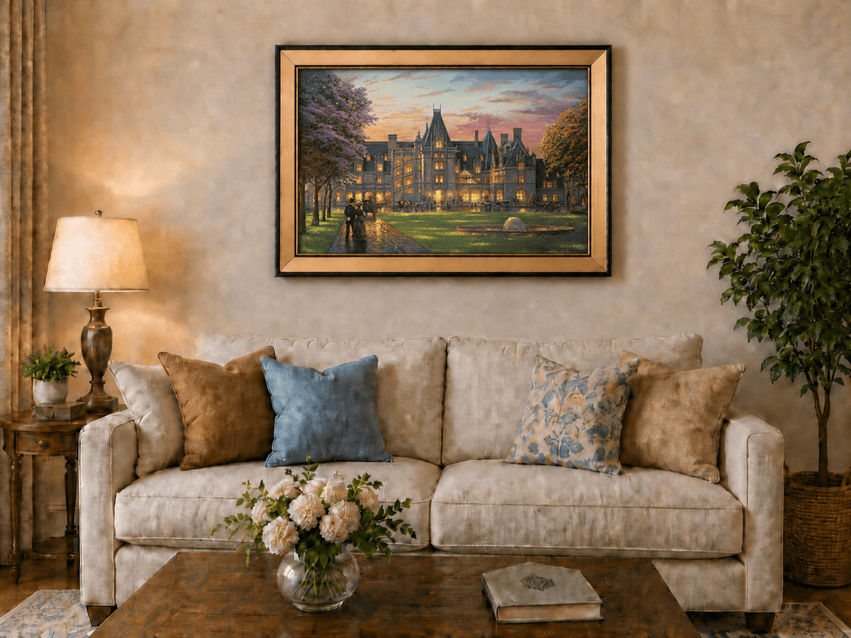 Landscape Oil Painting - Sunset Gothic Manor With Carriages