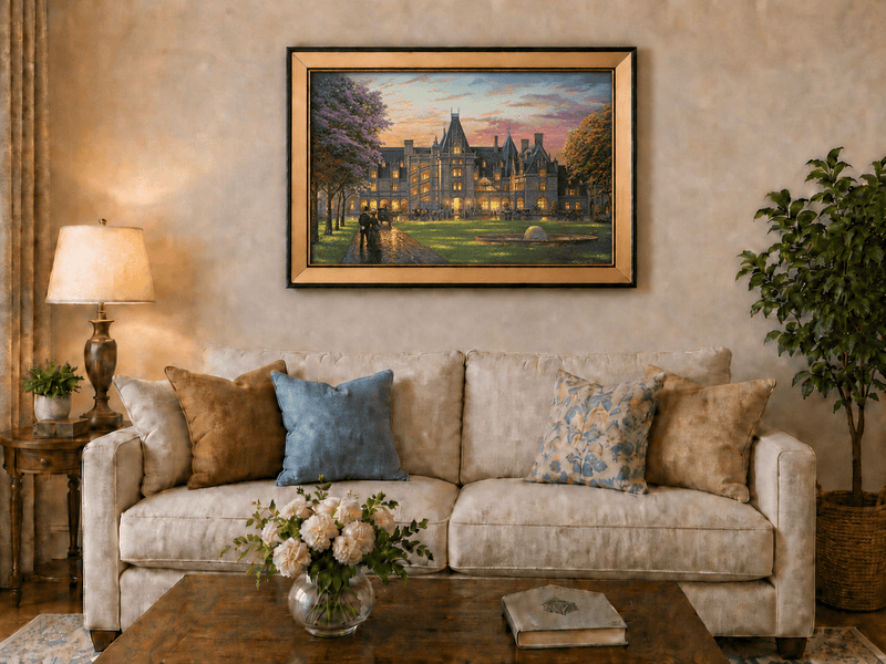 Landscape Oil Painting - Sunset Gothic Manor With Carriages