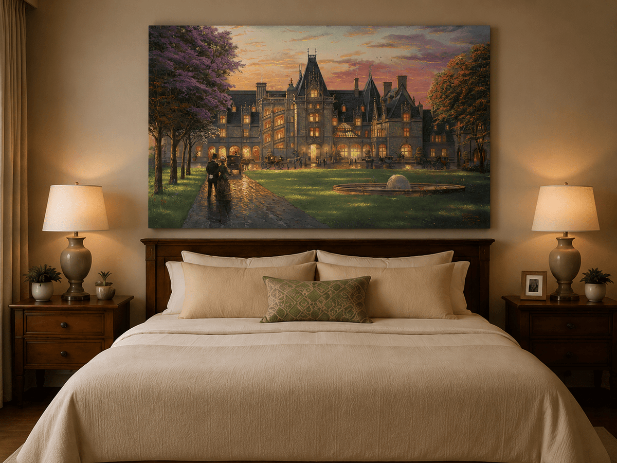 Landscape Oil Painting - Sunset Gothic Manor With Carriages
