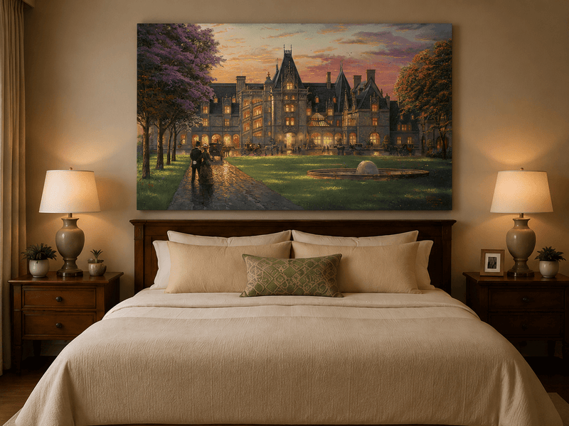 Landscape Oil Painting - Sunset Gothic Manor With Carriages