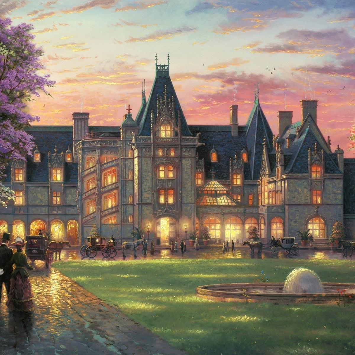 Landscape Oil Painting - Sunset Gothic Manor With Carriages - Oil Painting Haven