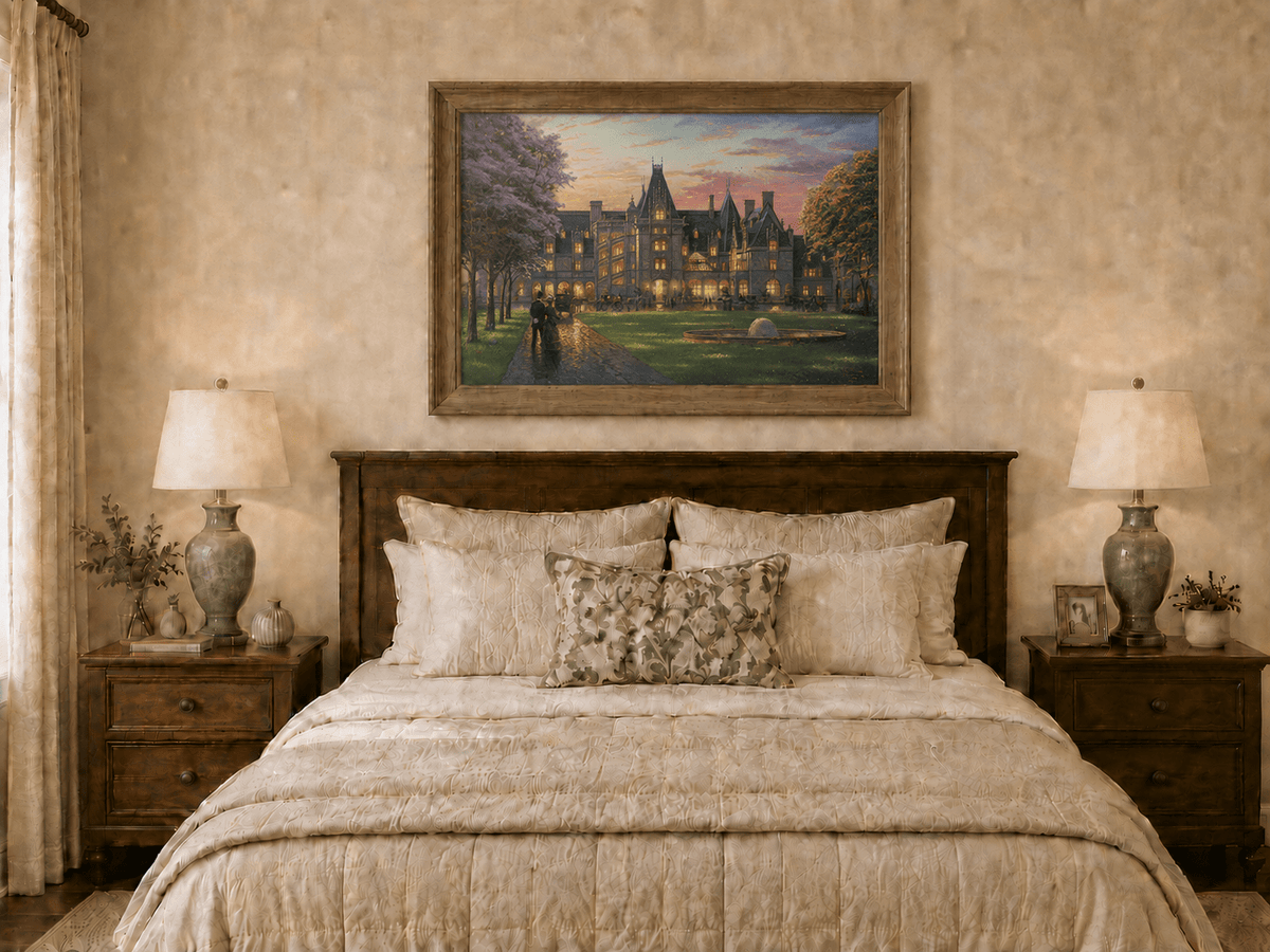 Landscape Oil Painting - Sunset Gothic Manor With Carriages