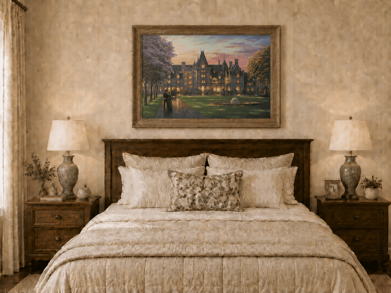 Landscape Oil Painting - Sunset Gothic Manor With Carriages