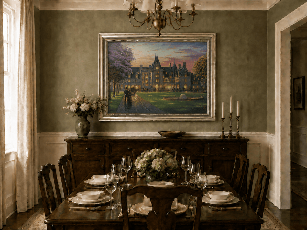 Landscape Oil Painting - Sunset Gothic Manor With Carriages