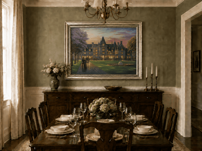 Landscape Oil Painting - Sunset Gothic Manor With Carriages