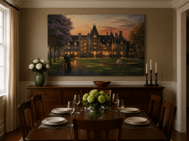 Landscape Oil Painting - Sunset Gothic Manor With Carriages
