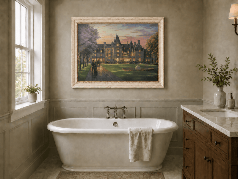 Landscape Oil Painting - Sunset Gothic Manor With Carriages