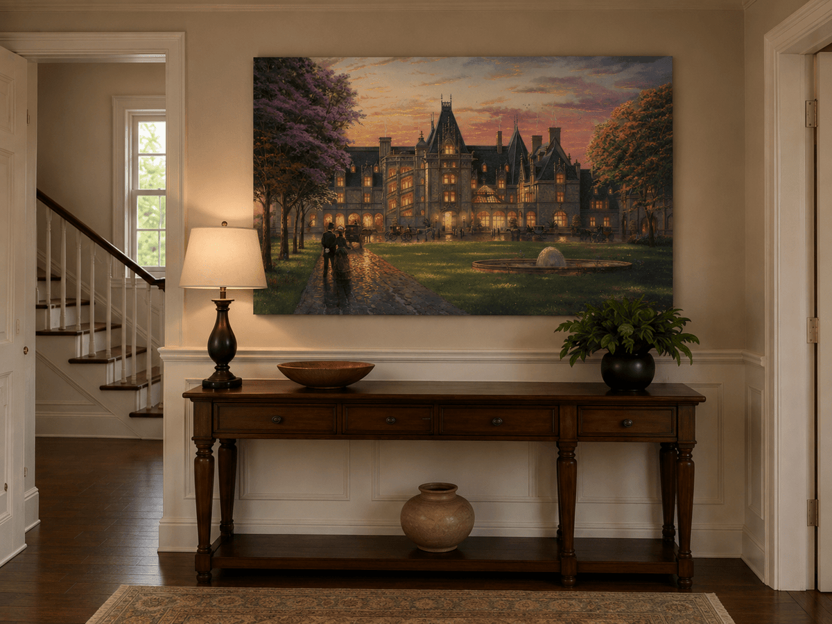 Landscape Oil Painting - Sunset Gothic Manor With Carriages