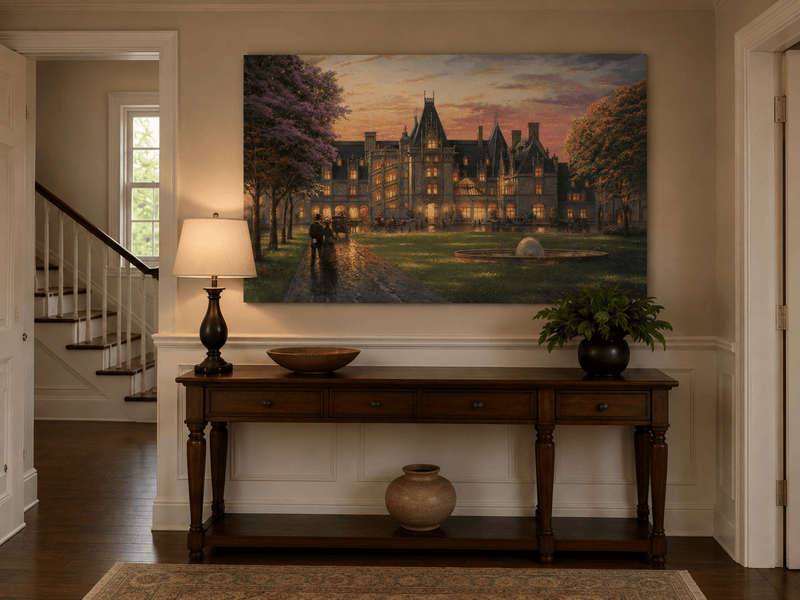 Landscape Oil Painting - Sunset Gothic Manor With Carriages