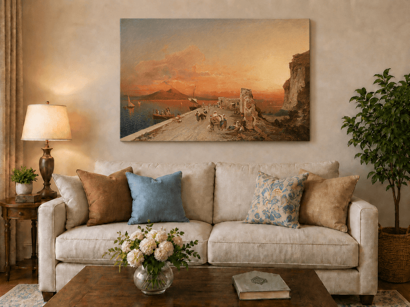 Landscape Oil Painting - Sunset Harbor Sailboats & Figures