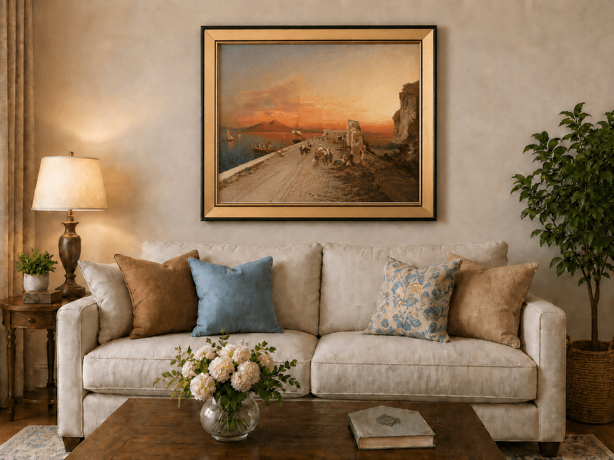 Landscape Oil Painting - Sunset Harbor Sailboats & Figures