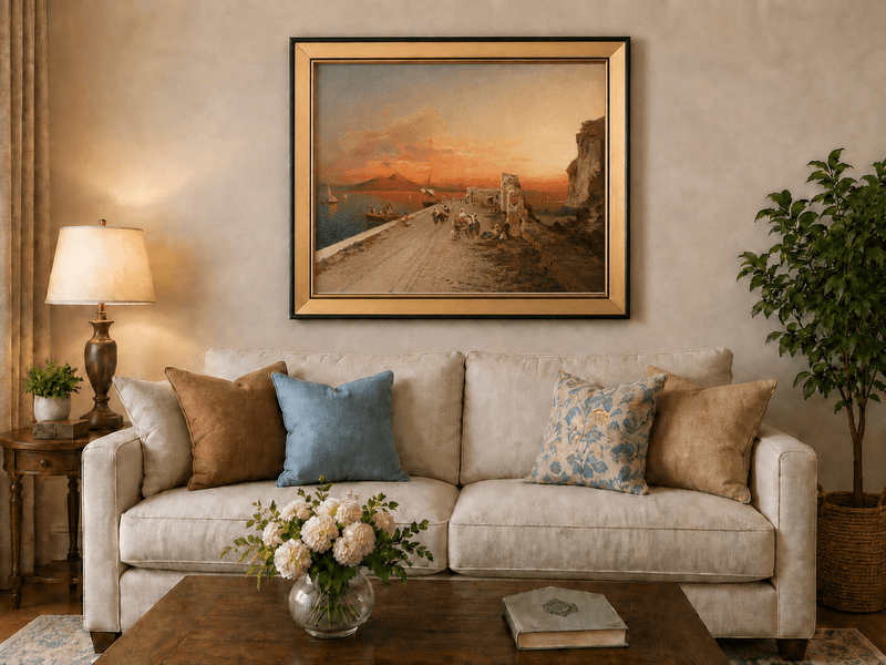 Landscape Oil Painting - Sunset Harbor Sailboats & Figures