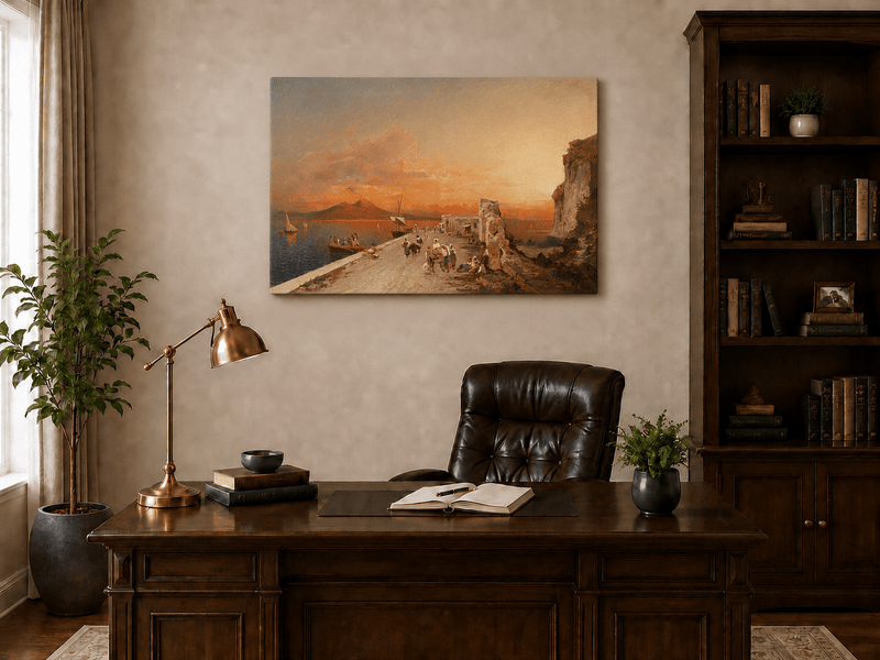 Landscape Oil Painting - Sunset Harbor Sailboats & Figures