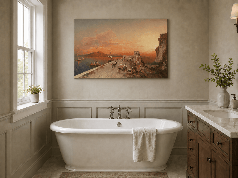 Landscape Oil Painting - Sunset Harbor Sailboats & Figures
