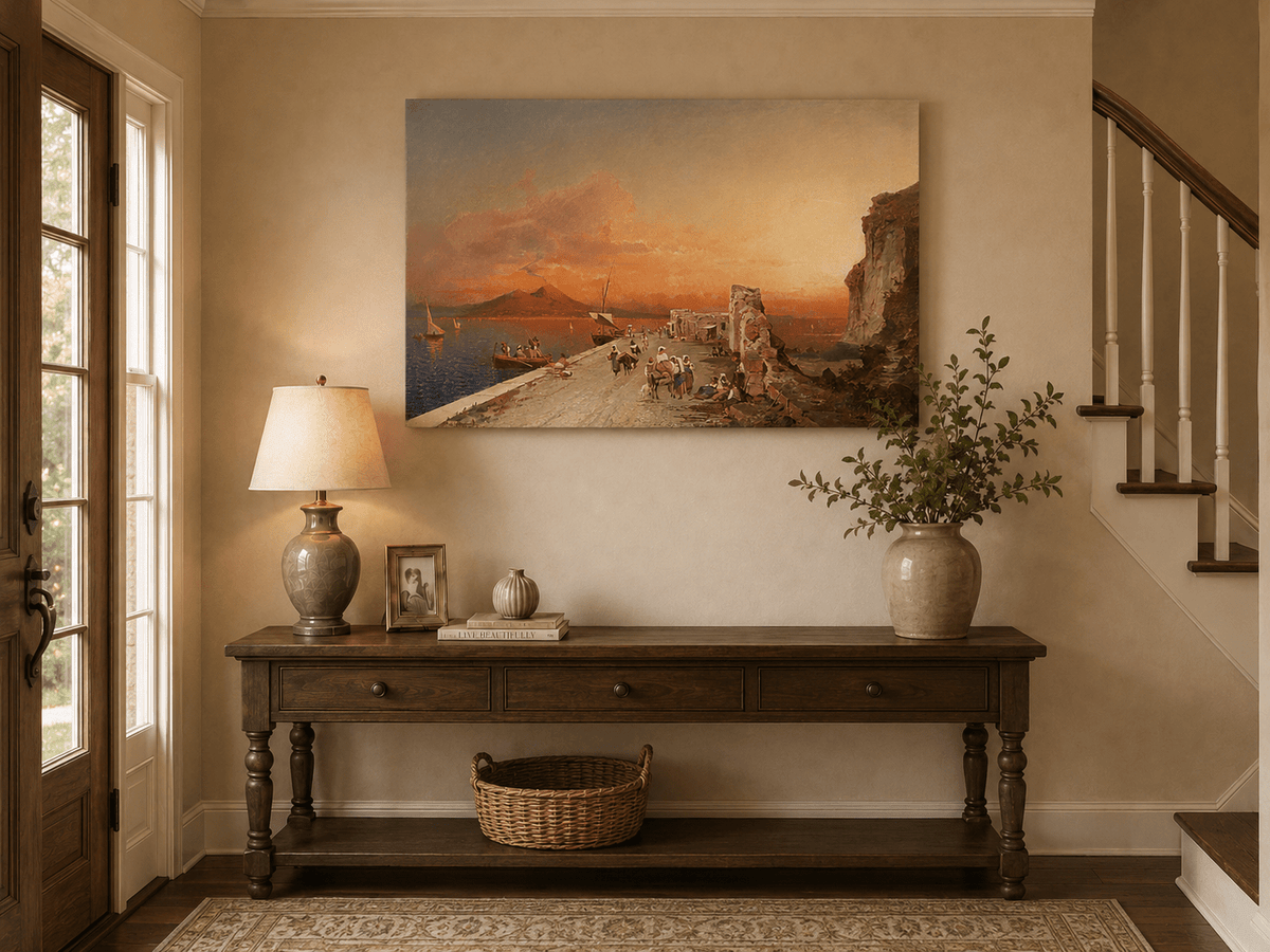 Landscape Oil Painting - Sunset Harbor Sailboats & Figures