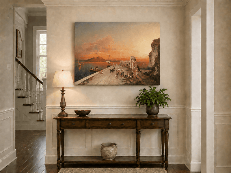 Landscape Oil Painting - Sunset Harbor Sailboats & Figures
