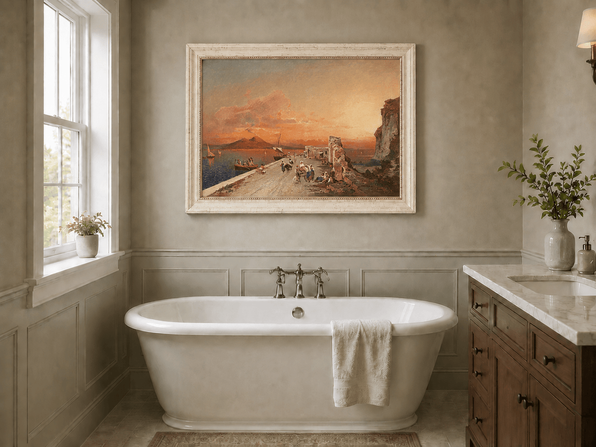 Landscape Oil Painting - Sunset Harbor Sailboats & Figures