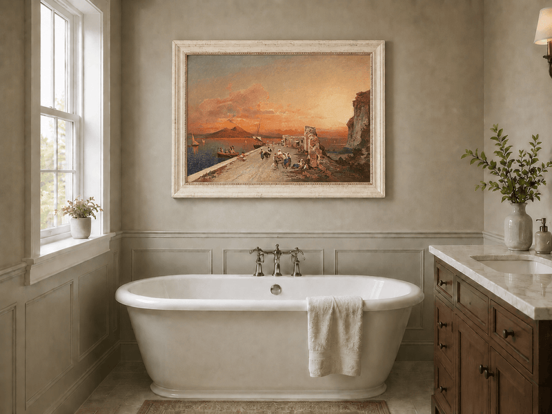 Landscape Oil Painting - Sunset Harbor Sailboats & Figures