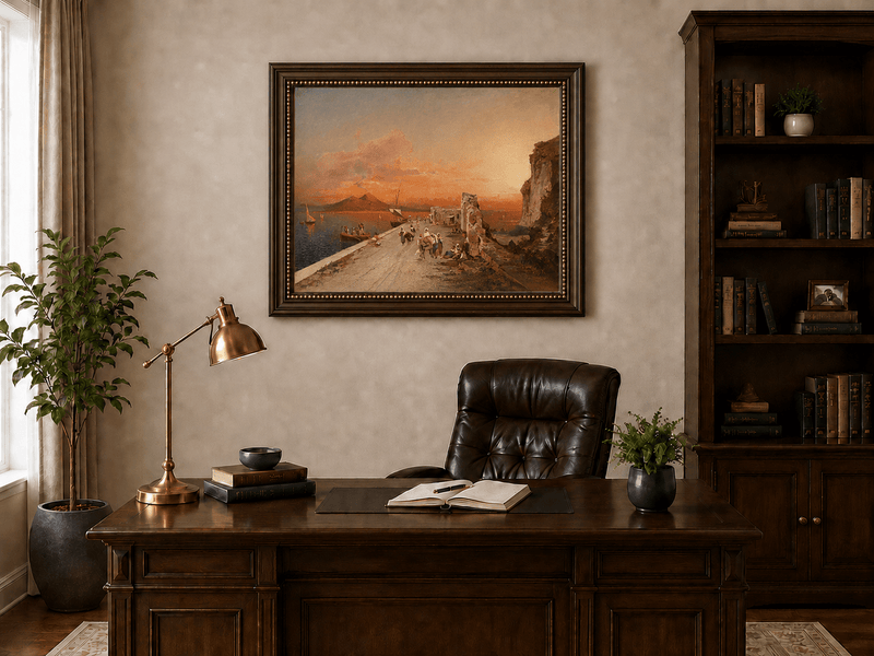 Landscape Oil Painting - Sunset Harbor Sailboats & Figures
