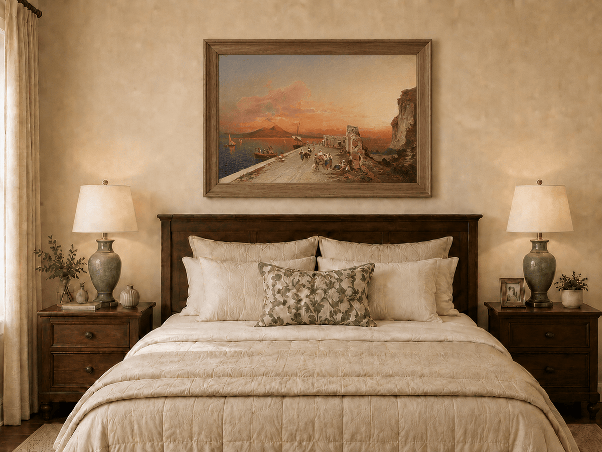 Landscape Oil Painting - Sunset Harbor Sailboats & Figures