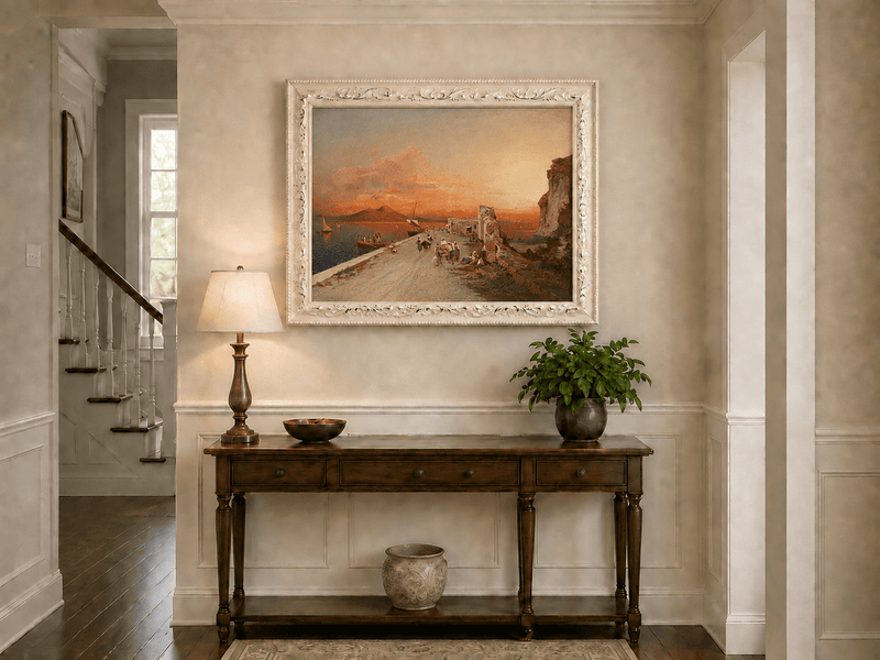 Landscape Oil Painting - Sunset Harbor Sailboats & Figures