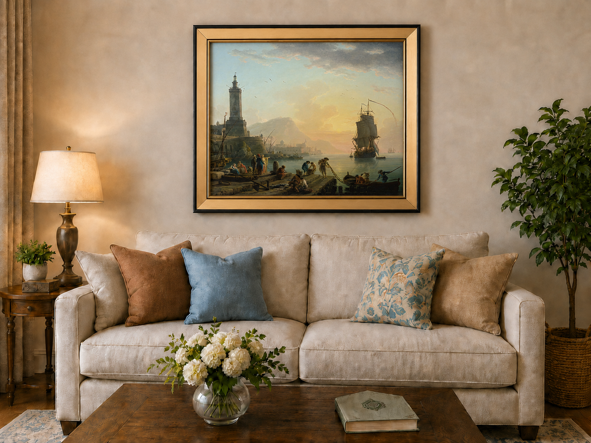 Sunset harbor with ships and figures landscape oil painting displayed in a styled home interior.