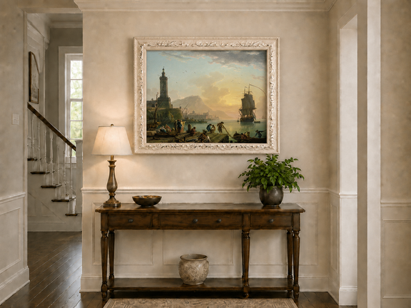 Sunset harbor, sailing ships and figures hand-painted oil artwork shown as home wall decor.