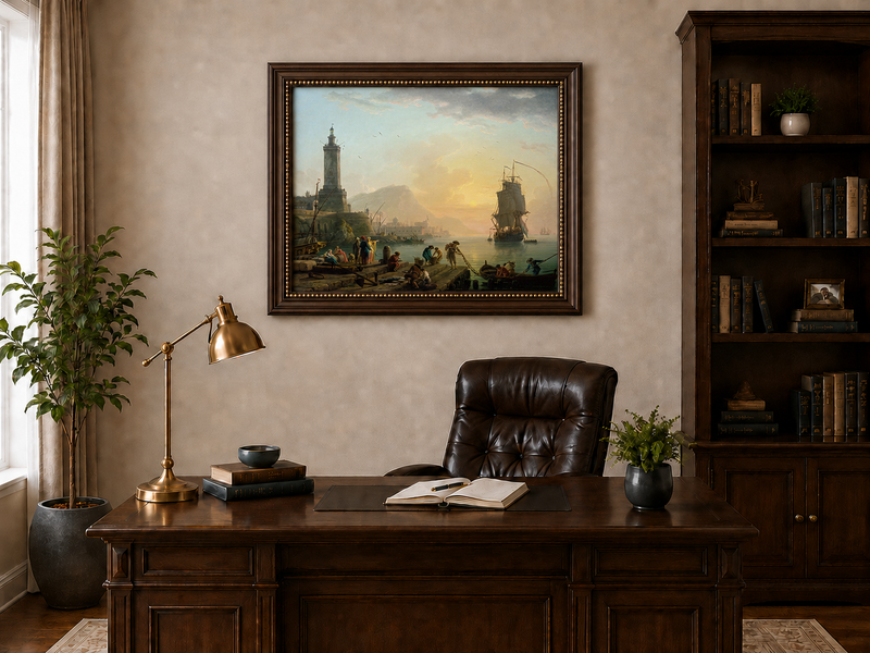 Sunset harbor with ships and figures landscape oil painting presented in an interior wall art mockup.
