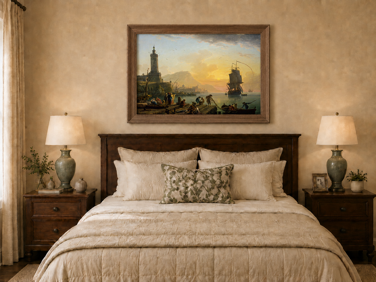 Hand-painted sunset harbor with ships and figures displayed as decorative wall art.