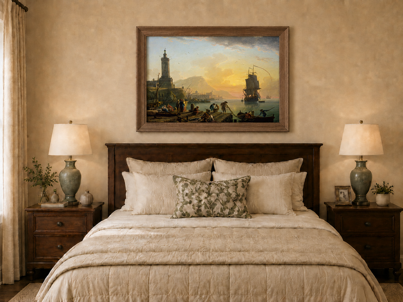 Hand-painted sunset harbor with ships and figures displayed as decorative wall art.