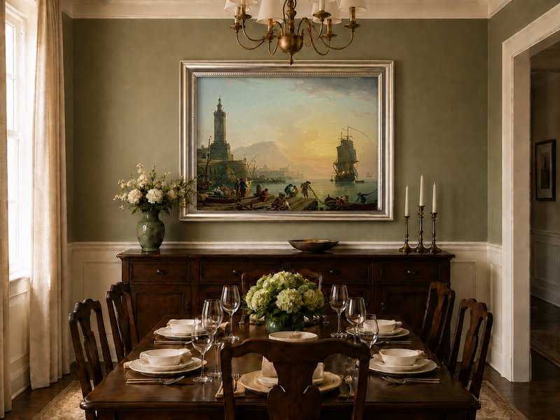 Sunset harbor and sailing ships oil landscape artwork shown in a styled home interior.