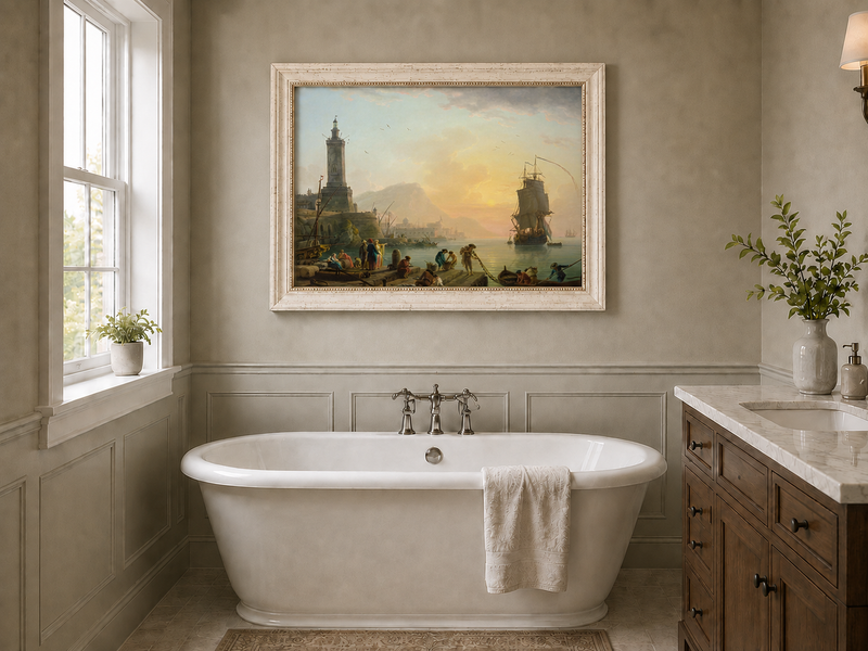 Sunset harbor with figures landscape oil painting presented as interior home decor.