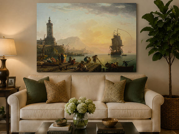 Sunset harbor and ships hand-painted oil artwork displayed in a second interior view.