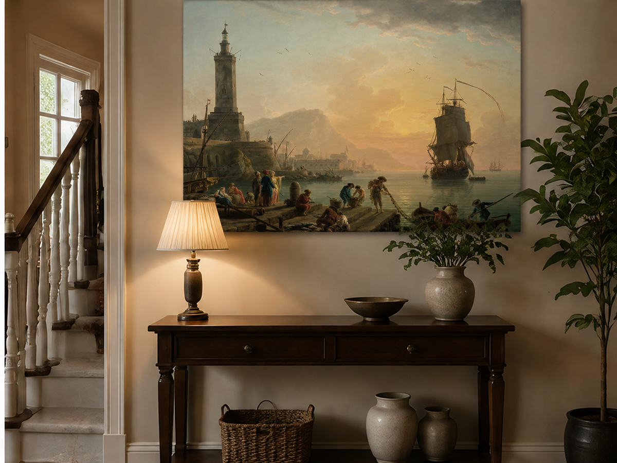Harbor ships at sunset landscape painting shown as decorative oil wall art.