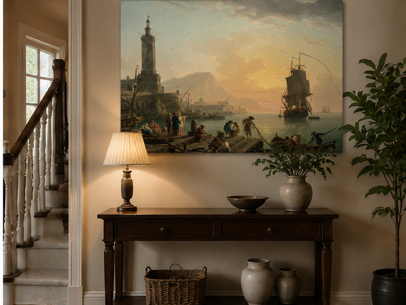 Harbor ships at sunset landscape painting shown as decorative oil wall art.