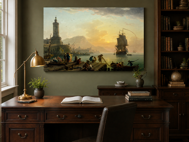 Interior wall art view featuring a sunset harbor with ships and figures oil painting.