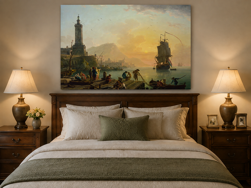 Sunset harbor with ships oil painting displayed as landscape wall decor.