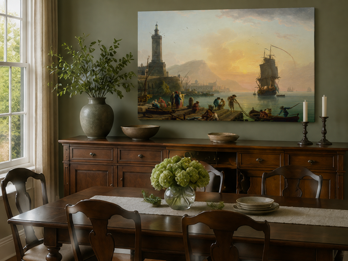 Hand-painted sunset harbor and figures landscape artwork in an interior display.