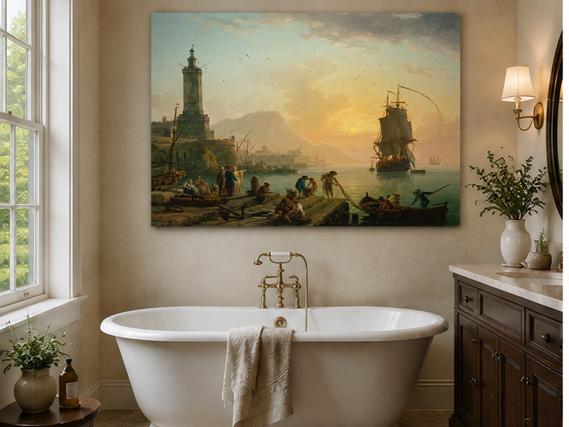Sunset harbor with ships and figures landscape oil painting presented as styled home decor.