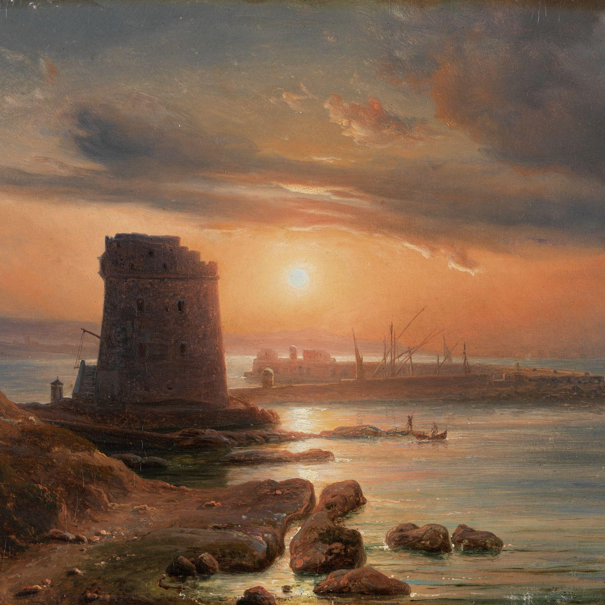 Landscape Oil Painting - Sunset Harbor with Coastal Watchtower - Oil Painting Haven